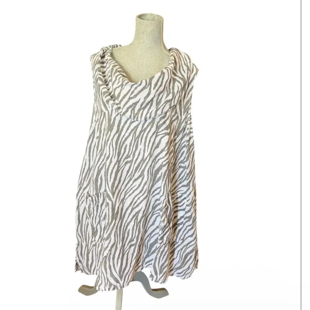 Sleeveless Zebra Print Cowl Neck Tunic dress Taupe & White 100% linen L (5530)